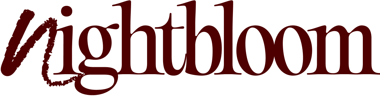 Nightbloom Studio logo in dark red wine on a transparent background