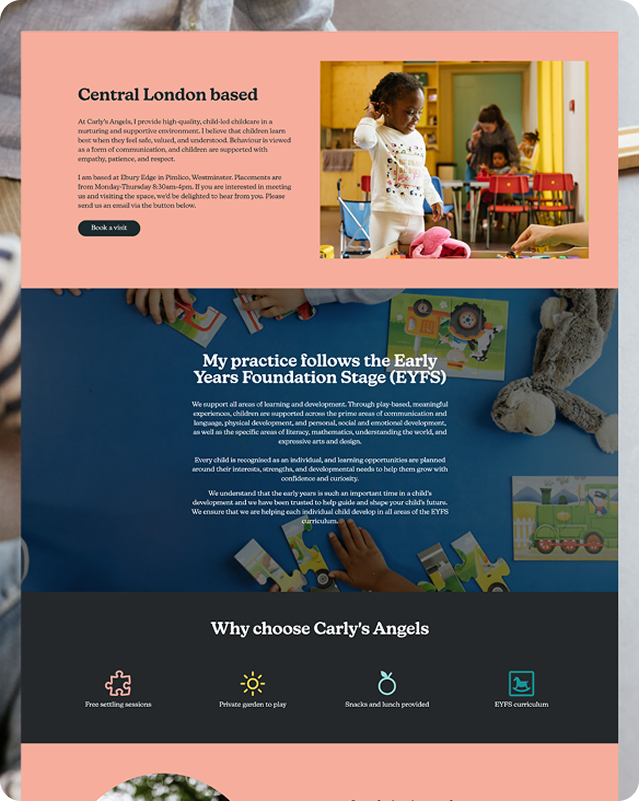 Tablet mockup displaying the Carly's Angels childminding website homepage