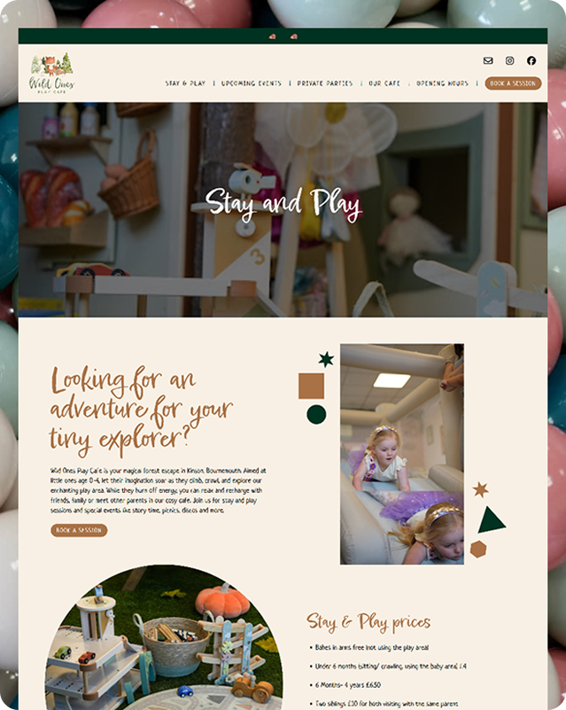 Tablet mockup displaying the Wild Ones Play Cafe website homepage