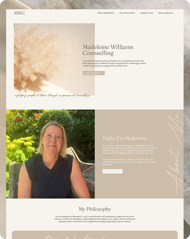 Tablet mockup displaying the Madeleine Williams Counselling website homepage