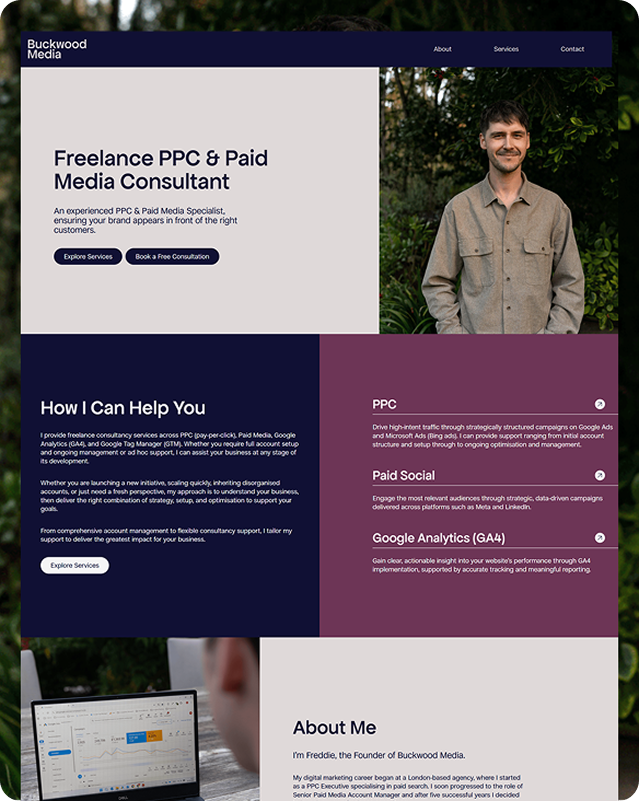 Laptop mockup displaying the Buckwood Media freelance PPC consultant website homepage