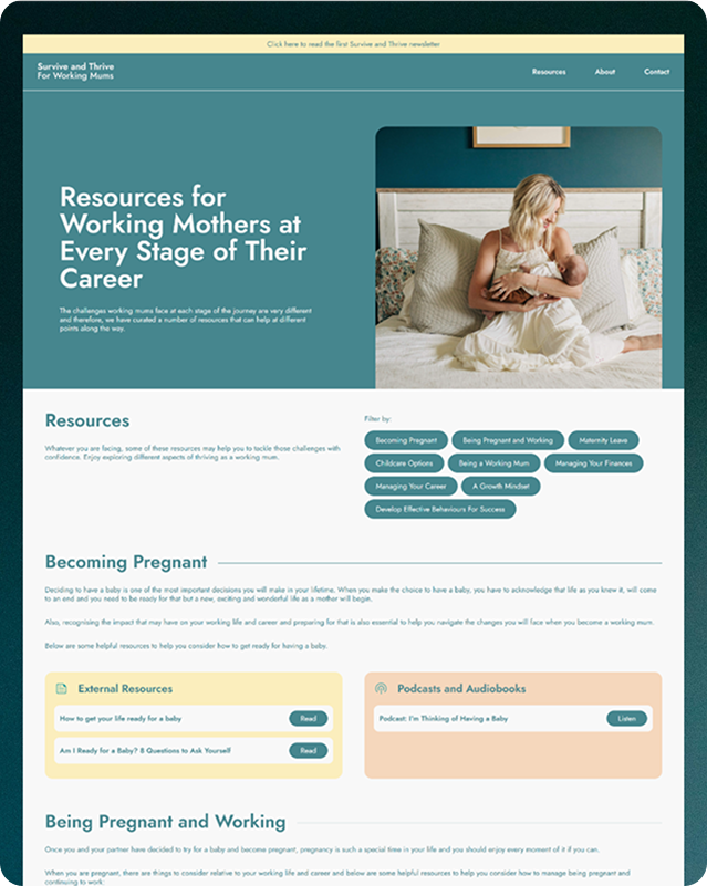 Tablet mockup displaying the Survive and Thrive for Working Mums homepage with a mother and baby photo