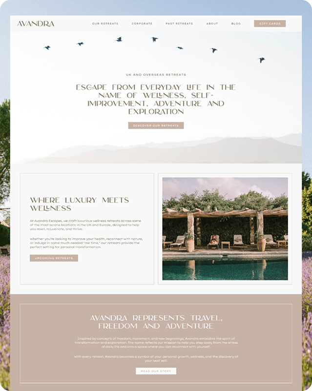 Laptop-style mockup displaying the Avandra Escapes wellness retreats website homepage